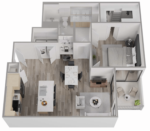 a 3d floor plan of a house with a bedroom and living room